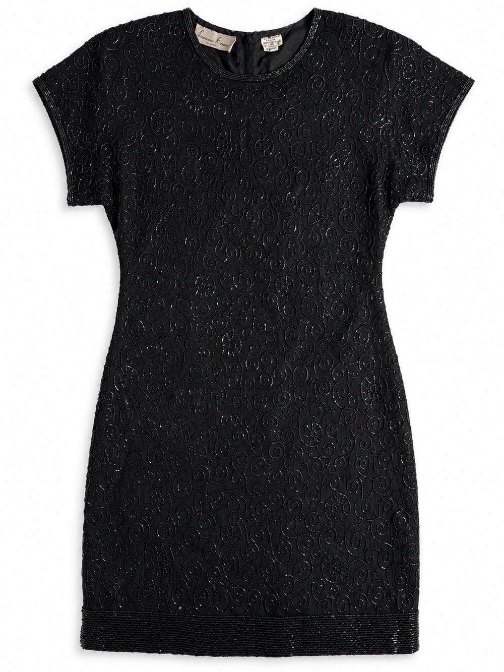 Vintage Lawrence Kazar Silk Hand Beaded Cocktail Dress Black PM Art Deco 80s 90s